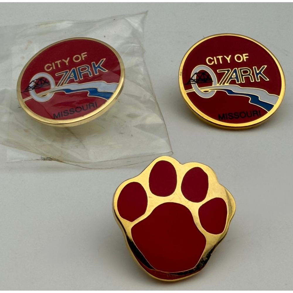 City of Ozark Missouri Souvenir Enamel Pins and Red Paw Print Pin Set 3pc